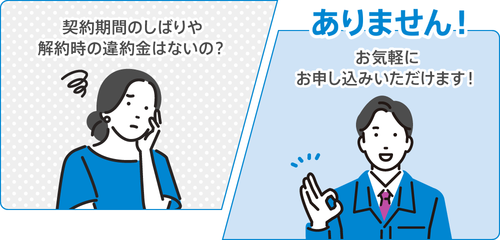 契約期間のしばりや解約時の違約金はないの？ありません！お気軽にお申し込みいただけます！
