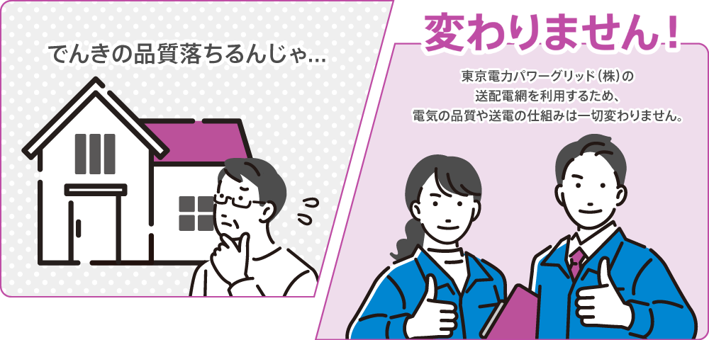 でんきの品質落ちるんじゃ…変わりません！東京電力パワーグリッド（株）の送配電網を利用するため、電気の品質や送電の仕組みは一切変わりません。