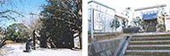 旧陸軍工兵学校跡の赤レンガ門柱と衛士詰所 / 三日月神社